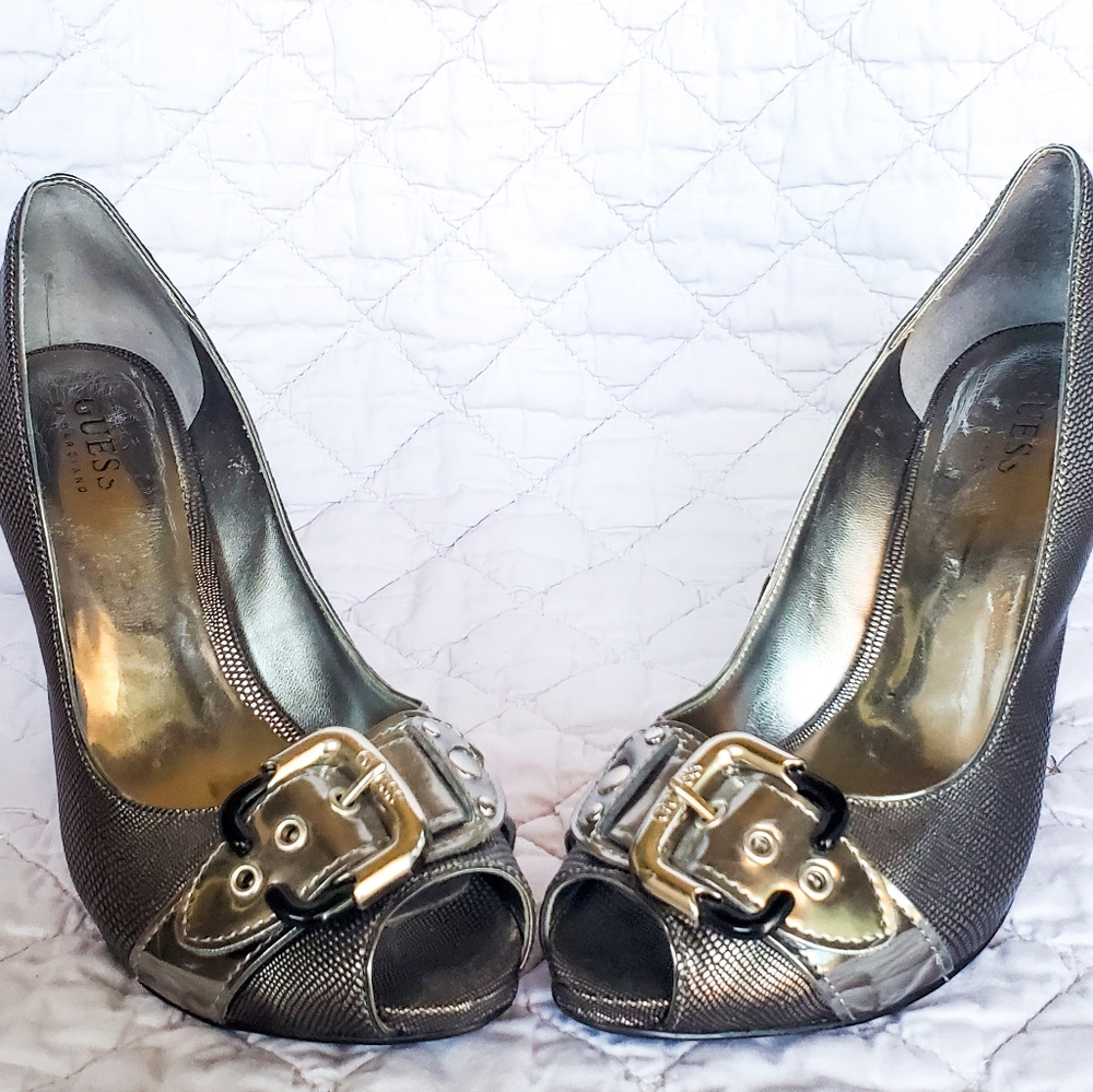 ¤ Guess by Marciano Snake Print Buckle Peep …